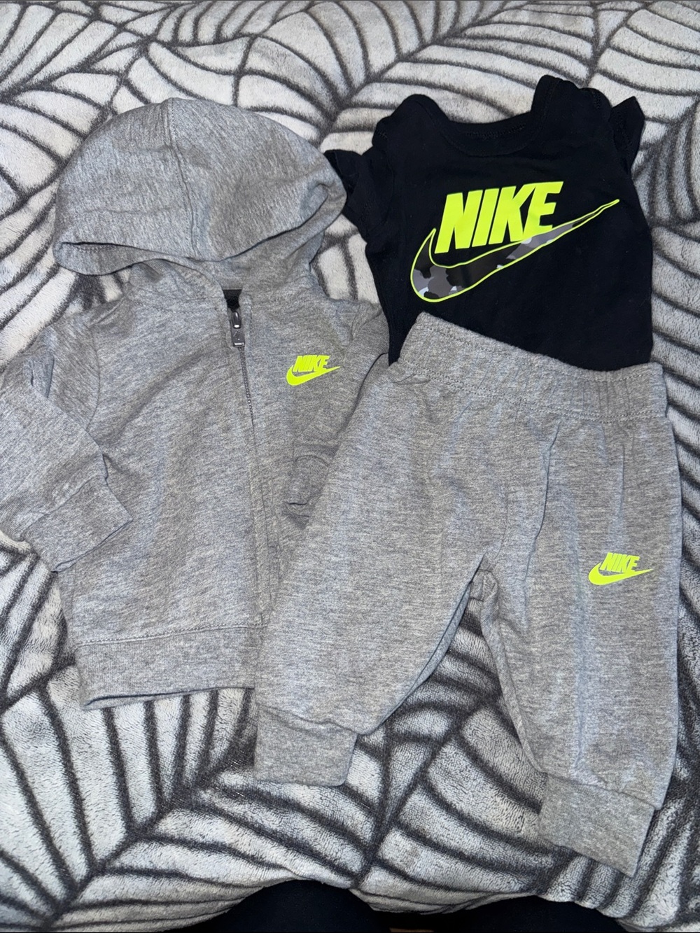 Nike Gray & Black Jogger Set with Neon Yellow Swoosh - Size Newborn Baby